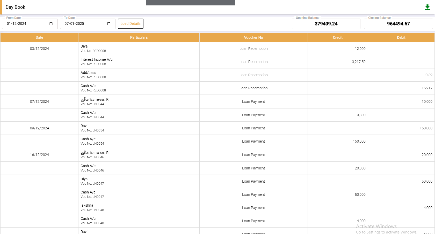 FinAcc daybook and accounting screen showing double-entry ledger postings