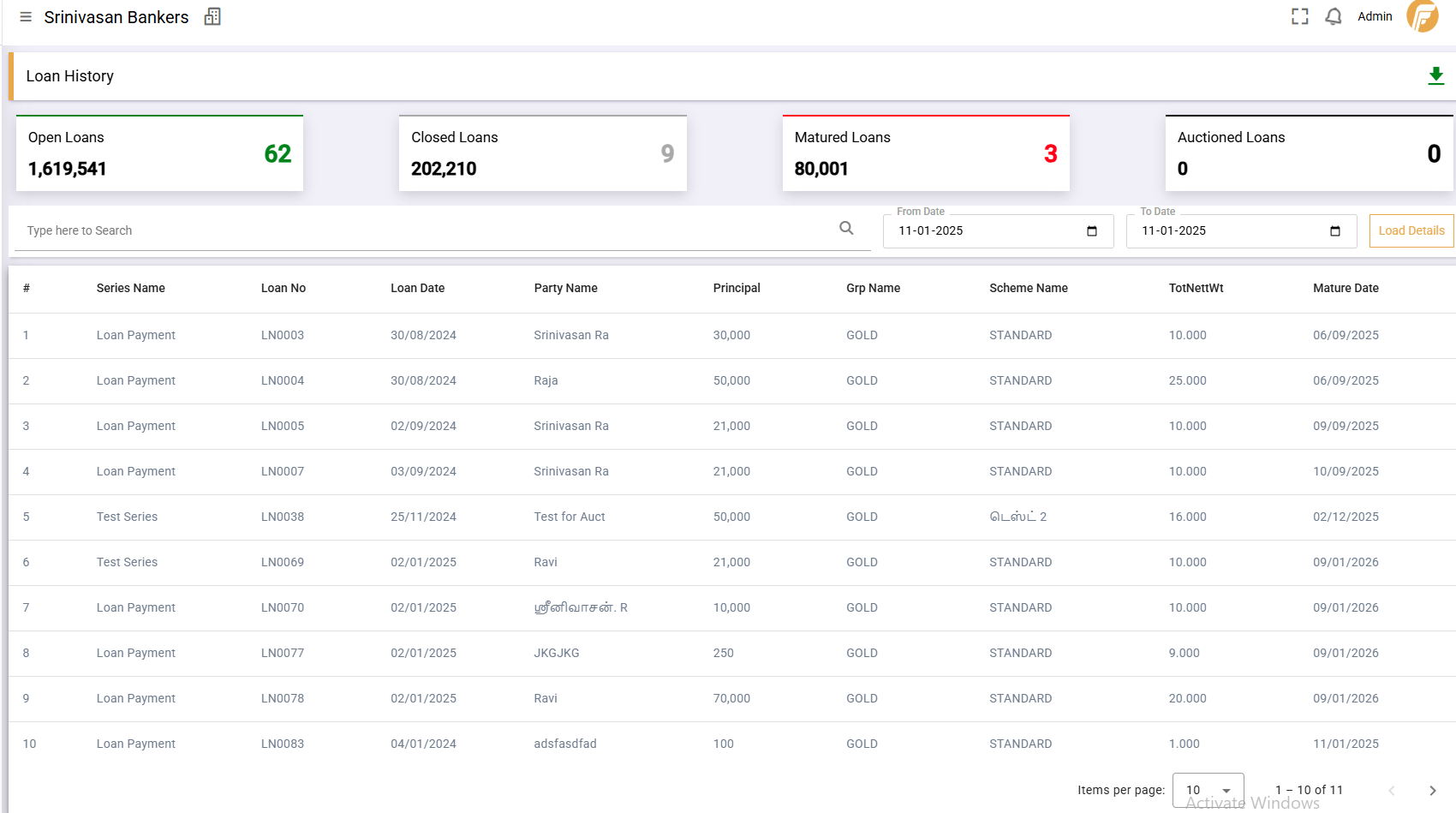Pawn broker loan history screen in FinAcc showing a customer's live and closed pledges