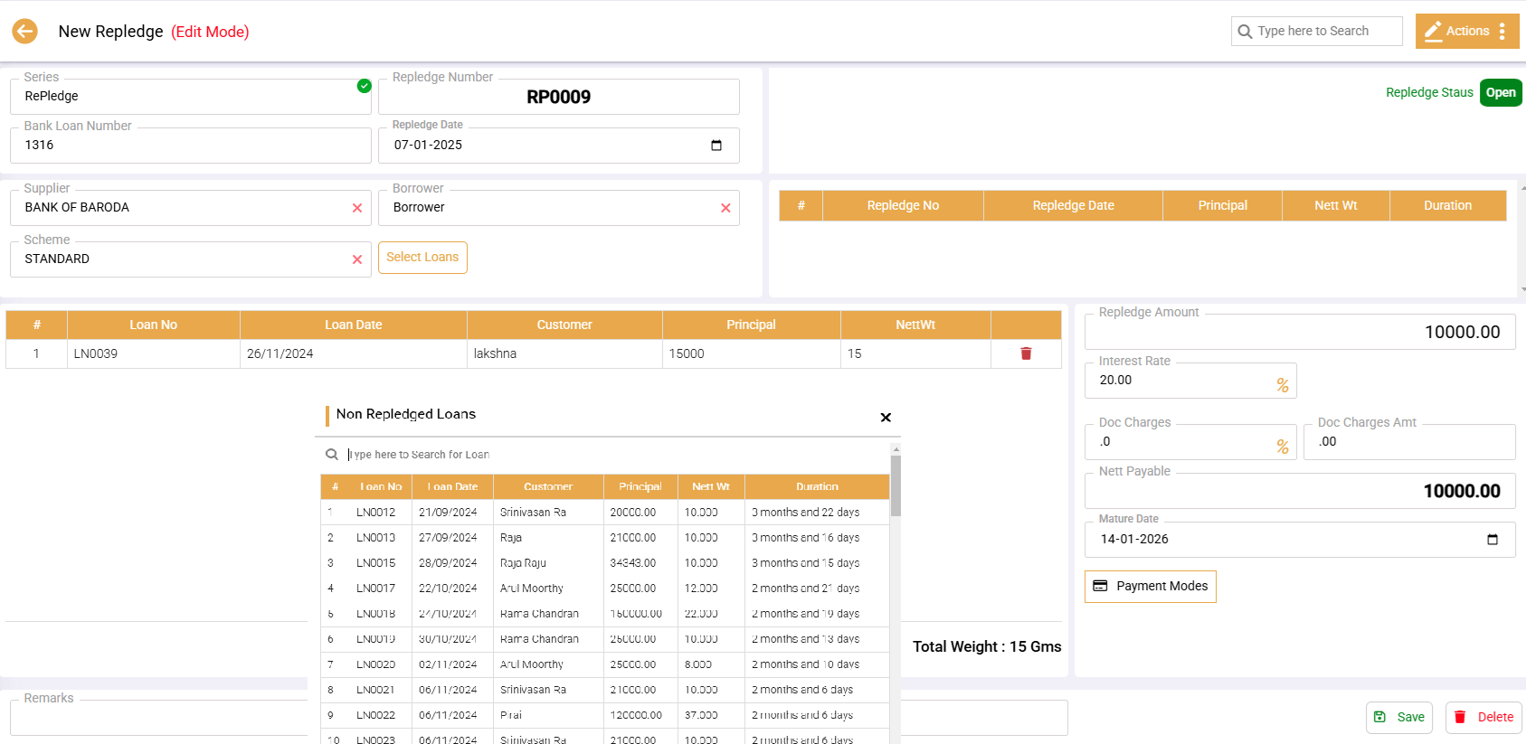 FinAcc repledge screen showing packets pledged to a bank with interest reconciliation
