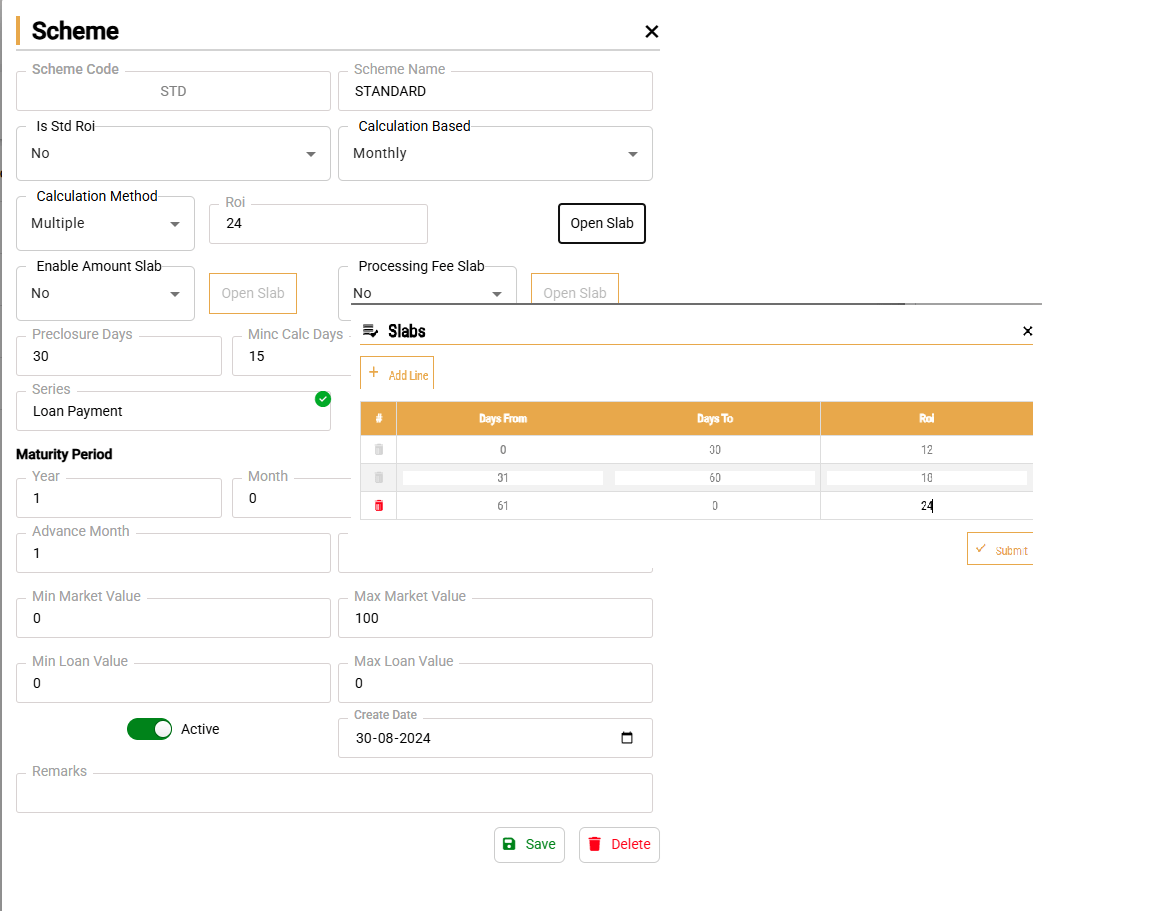 FinAcc interest scheme setup screen with simple, compound and slab-based schemes